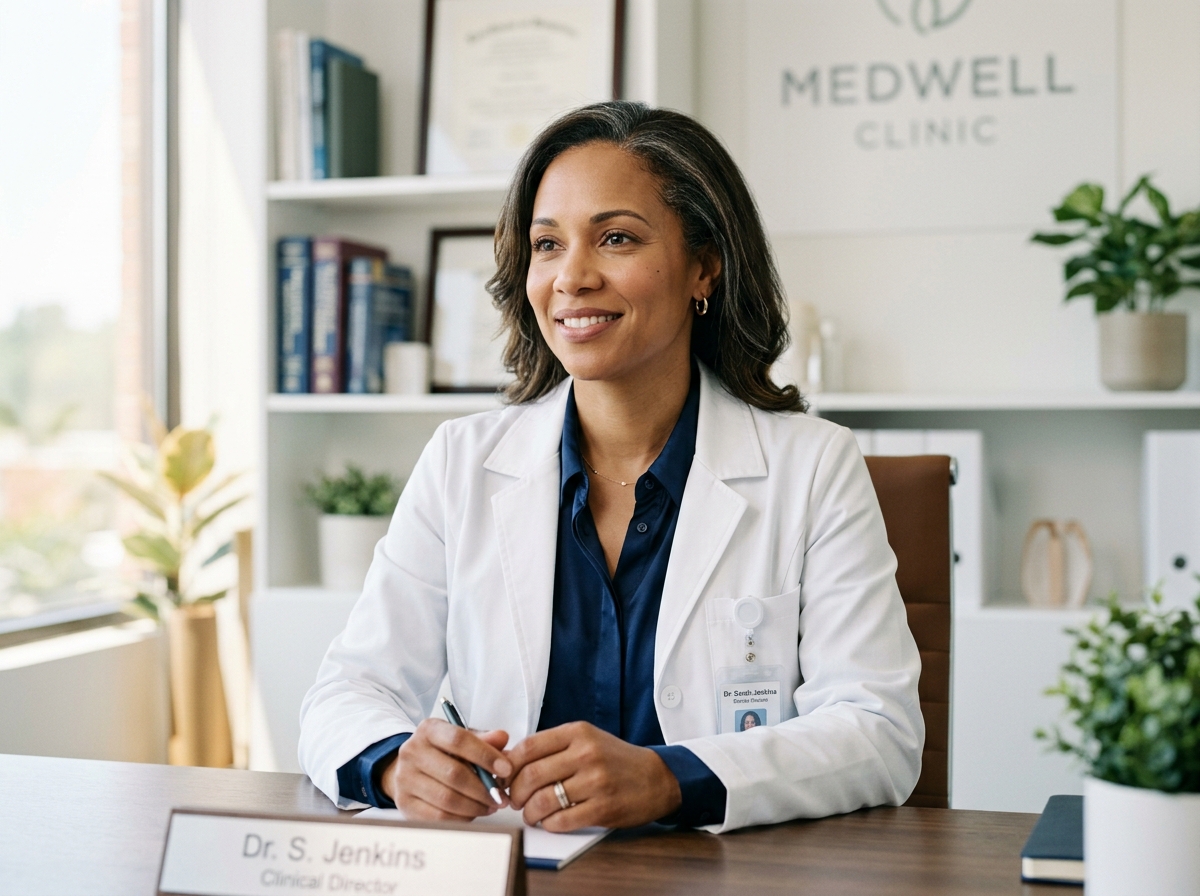 Professional woman in a clinical coat, representing women's leadership in healthcare.
