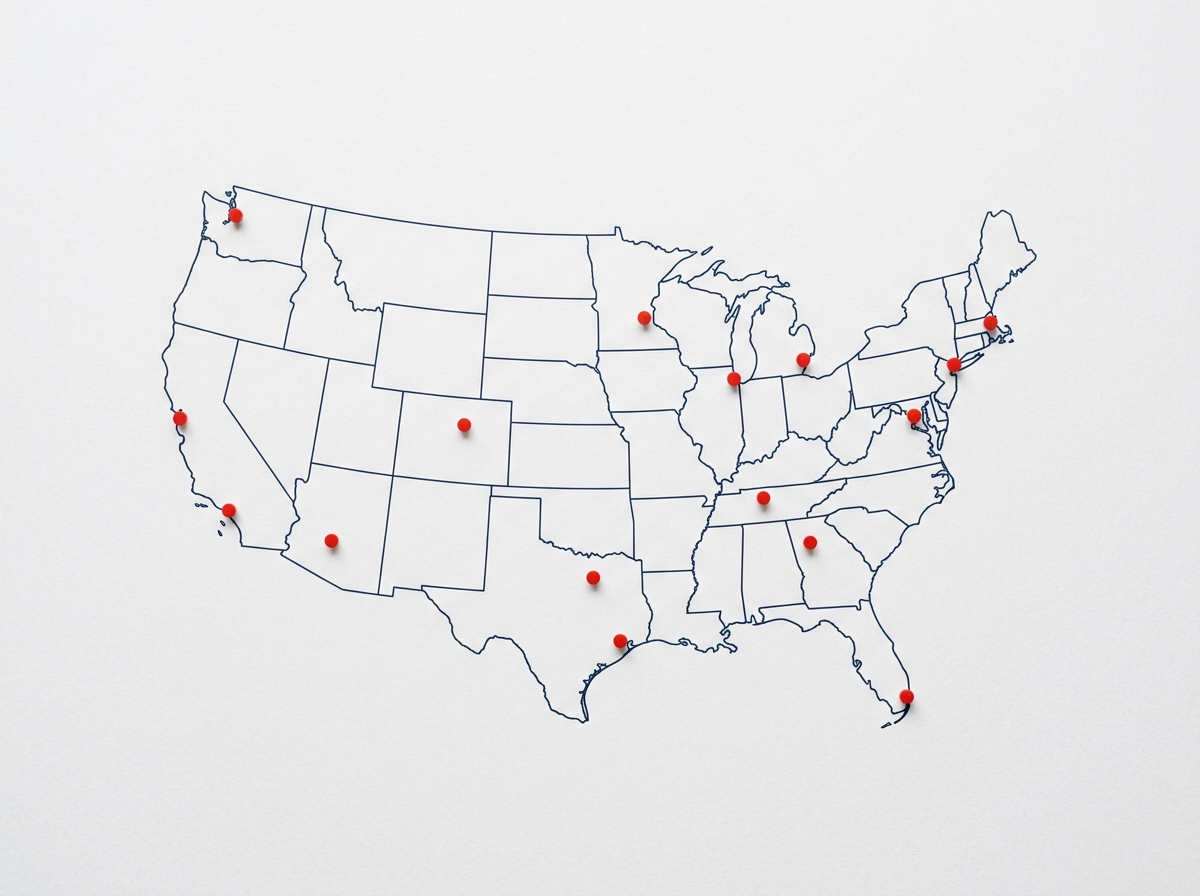Stylized U.S. map with location markers representing national independent practice service reach.