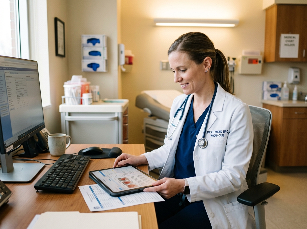 Nurse practitioner reviewing patient wound care documentation at a clinical workstation in a modern outpatient clinic.