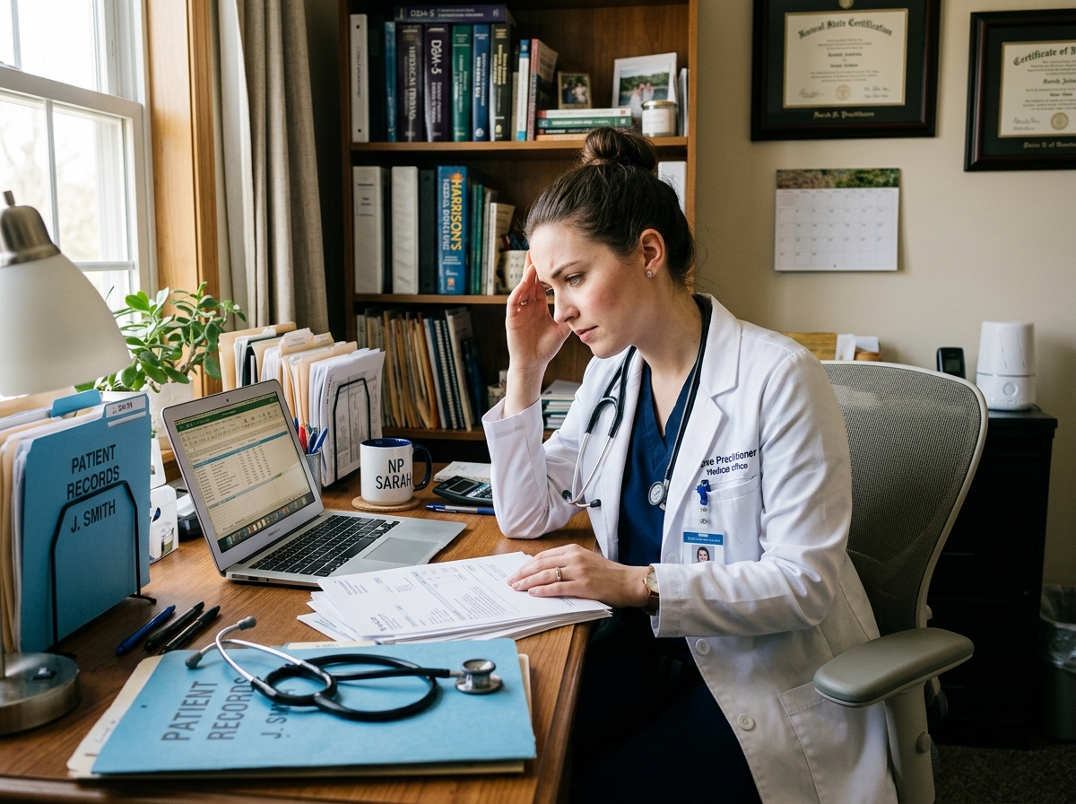 Nurse practitioner reviewing administrative paperwork at a desk in a small independent medical office.