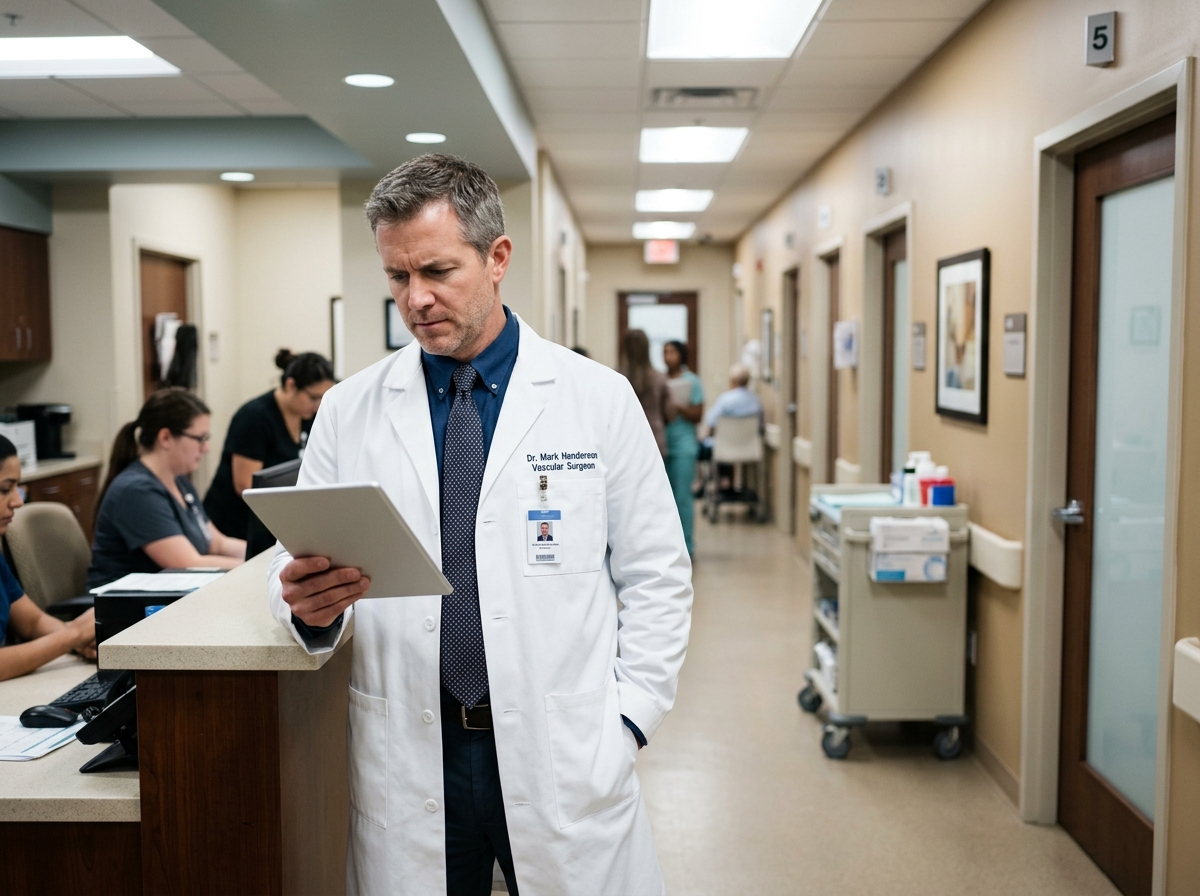 Experienced wound care physician reviewing data on a tablet in the hallway of an established multi-room outpatient clinic.