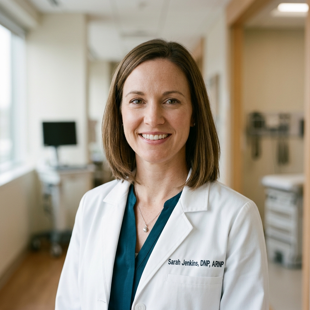 Professional portrait of a female nurse practitioner in a white coat against a soft clinical background.