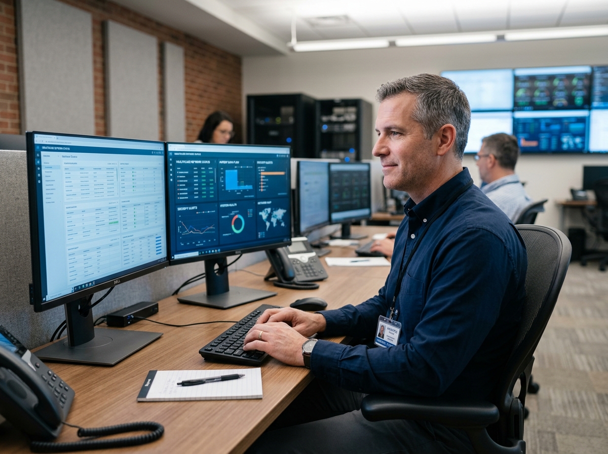 Healthcare IT professional reviewing secure data dashboards in a professional network operations environment.