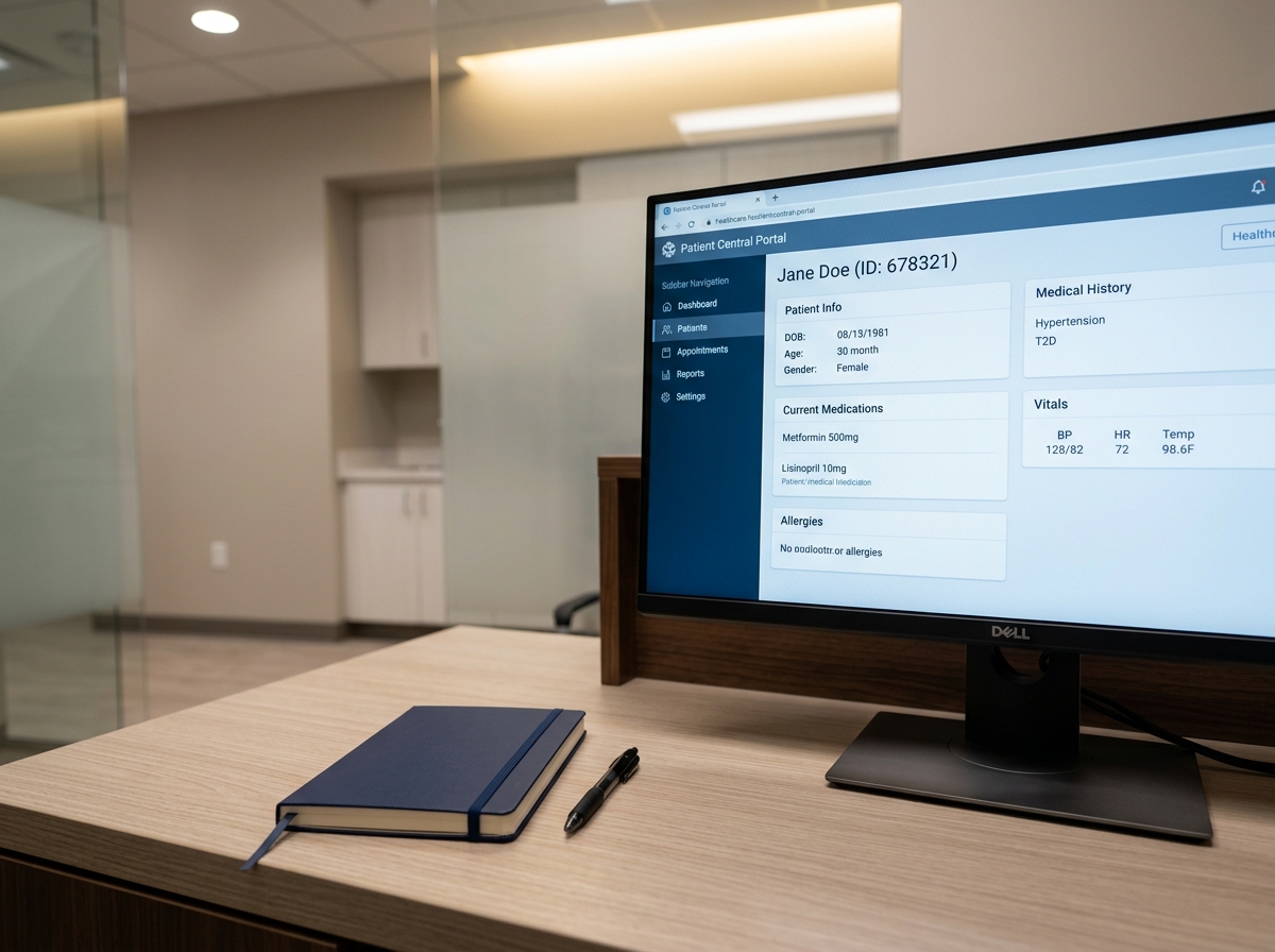 A professional healthcare technology workspace with a monitor displaying a structured clinical portal interface.