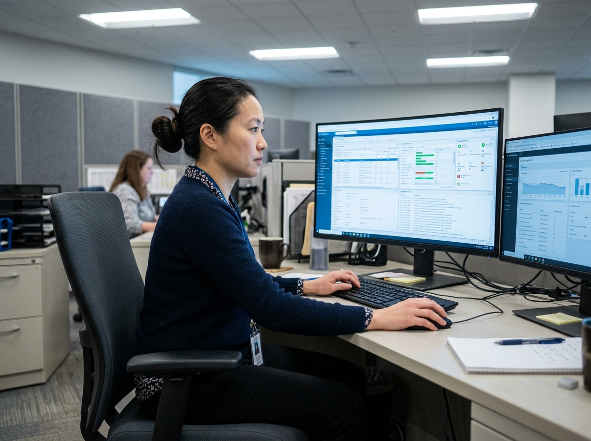 A healthcare IT professional working at a dual-monitor workstation displaying structured clinical data integration interfaces.
