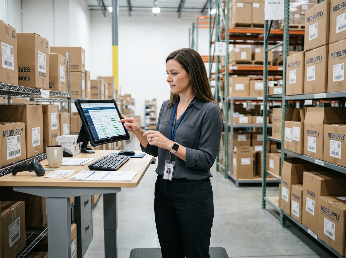 A medical distribution operations professional reviewing a B2B portal interface in a clean healthcare supply warehouse.