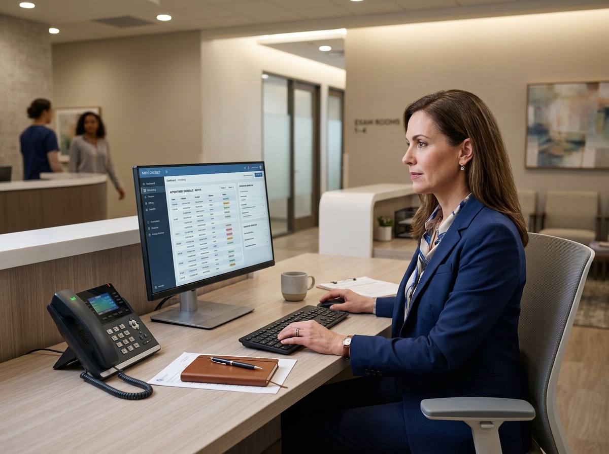 A practice administrator using a healthcare portal at a front-office workstation in a modern specialty medical practice.
