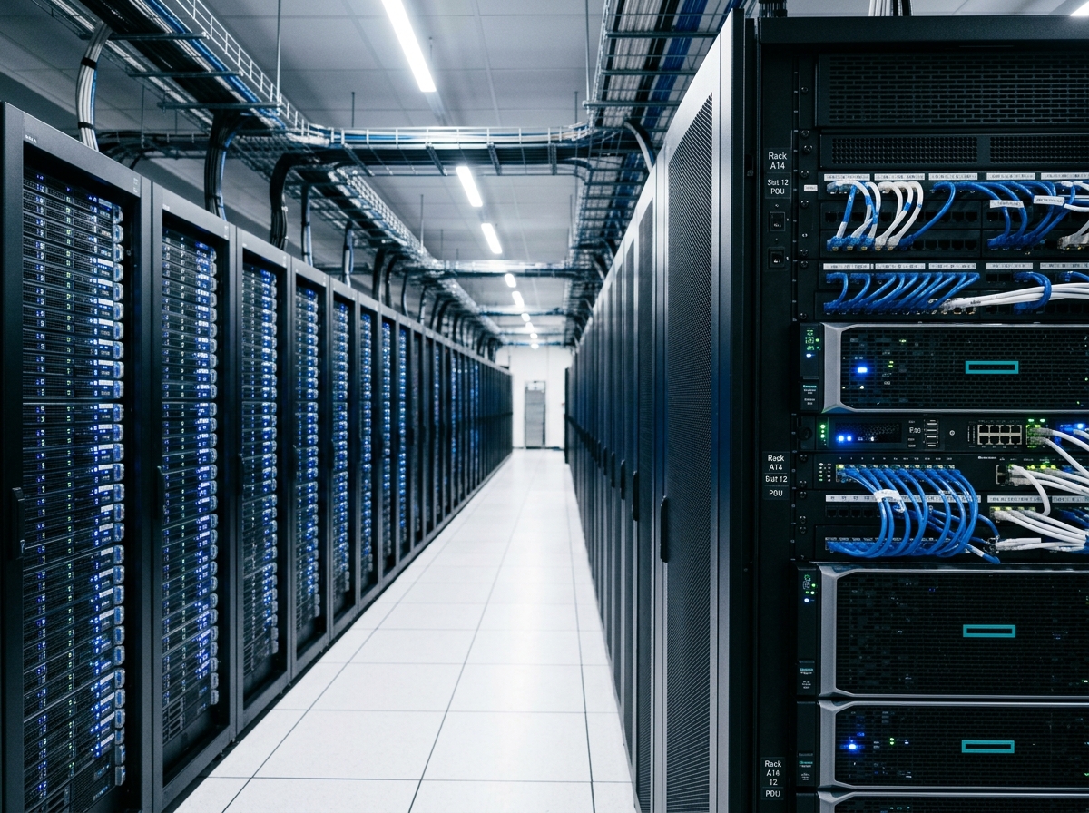 A clean, modern data center with illuminated server racks conveying secure, purpose-built healthcare infrastructure.