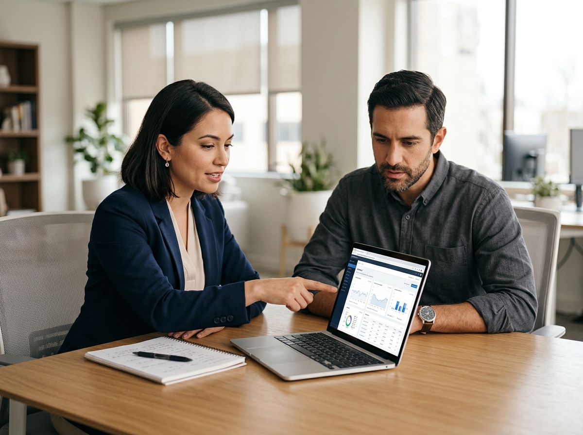 Two professionals — one clinical, one technical — collaborating at a laptop in a clean, modern office environment.