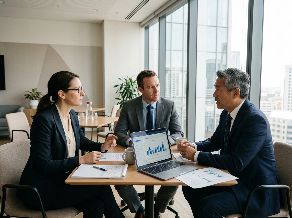 Business professionals in a focused executive consultation meeting in a modern conference room.