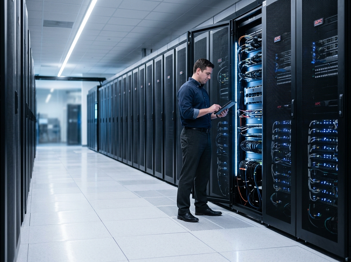 A healthcare IT professional reviewing server infrastructure in a secure, organized data center corridor.