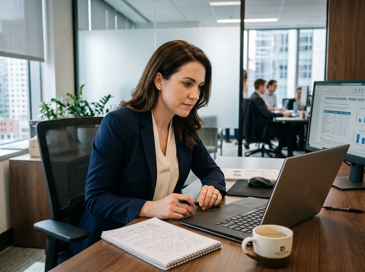A healthcare IT professional conducting a thorough compliance and infrastructure vendor evaluation at her office desk.