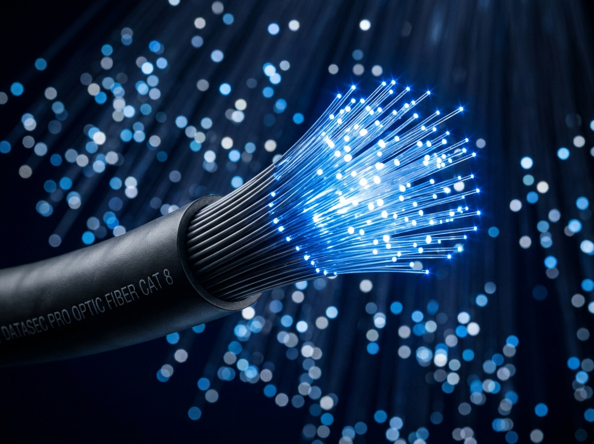 Close-up of fiber optic cables transmitting data, representing encrypted data in motion across a secure network.