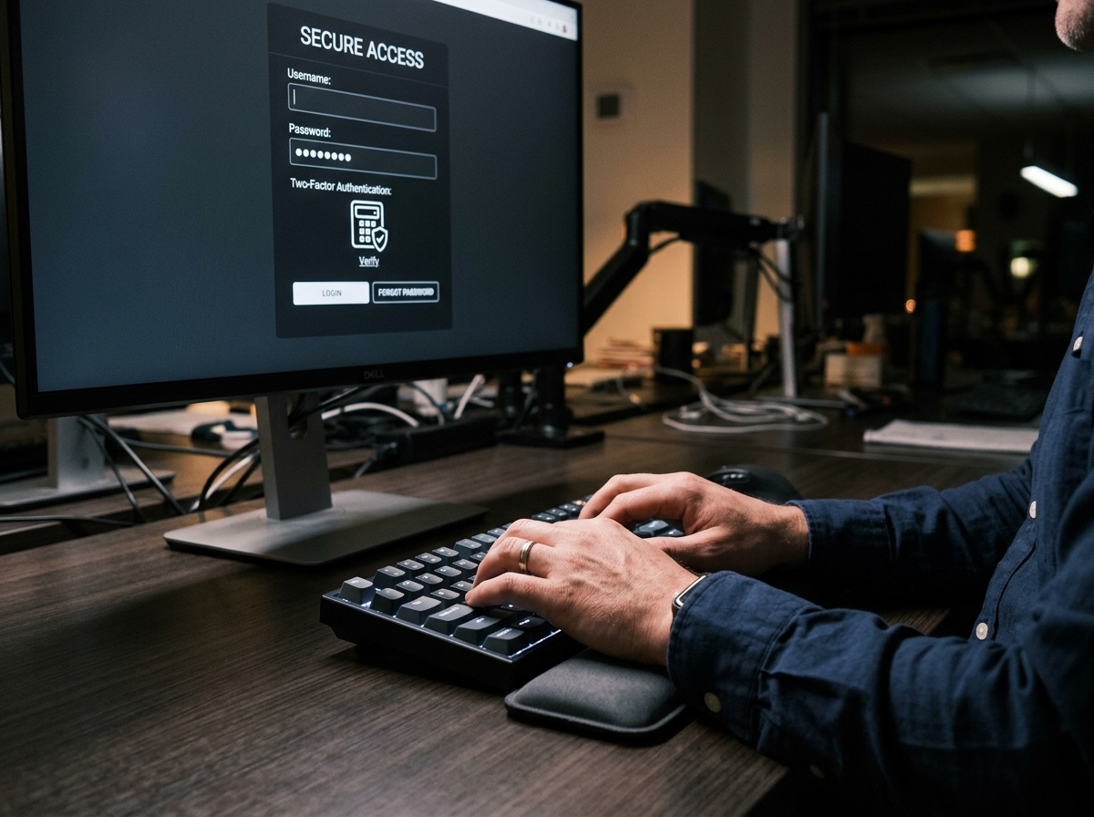 A healthcare IT professional entering secure credentials on an authenticated login screen, representing role-based access control.