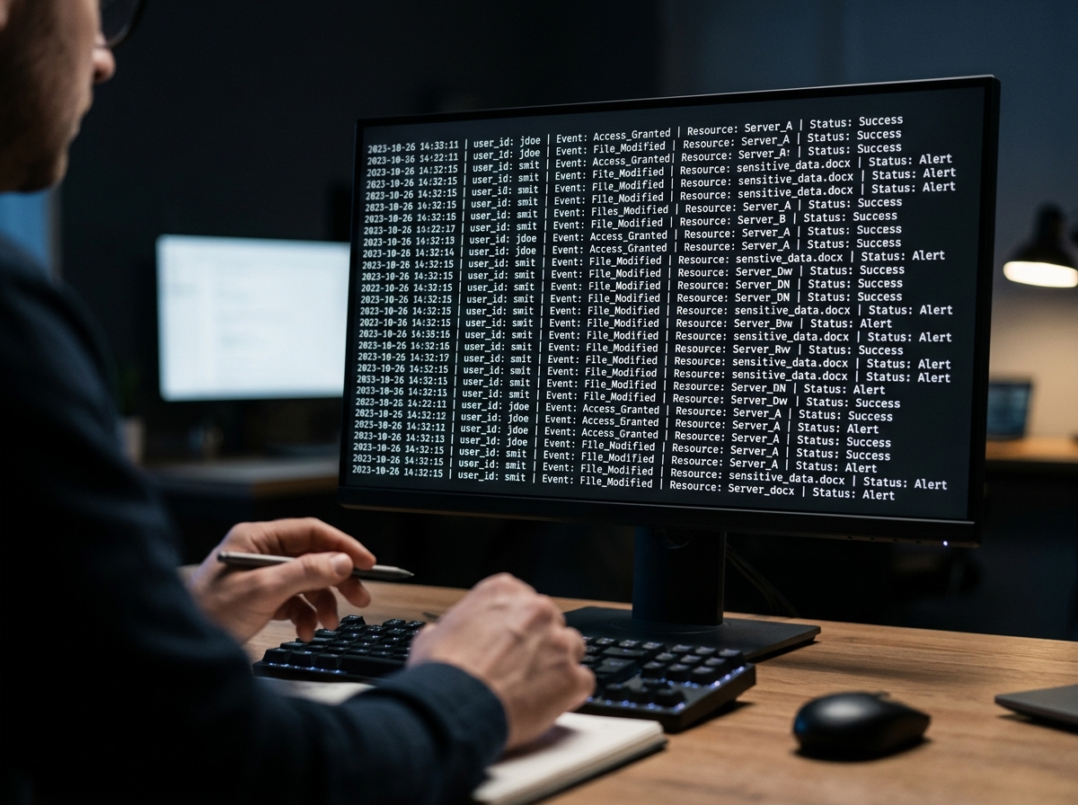 An IT administrator reviewing structured system access logs on a monitor, representing HIPAA-required audit trail and logging capabilities.