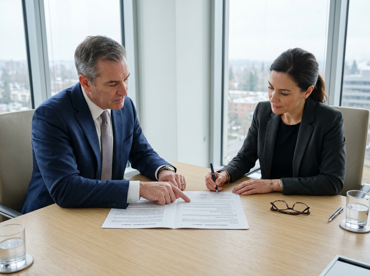 Two professionals carefully reviewing a Business Associate Agreement at a conference table before signing.