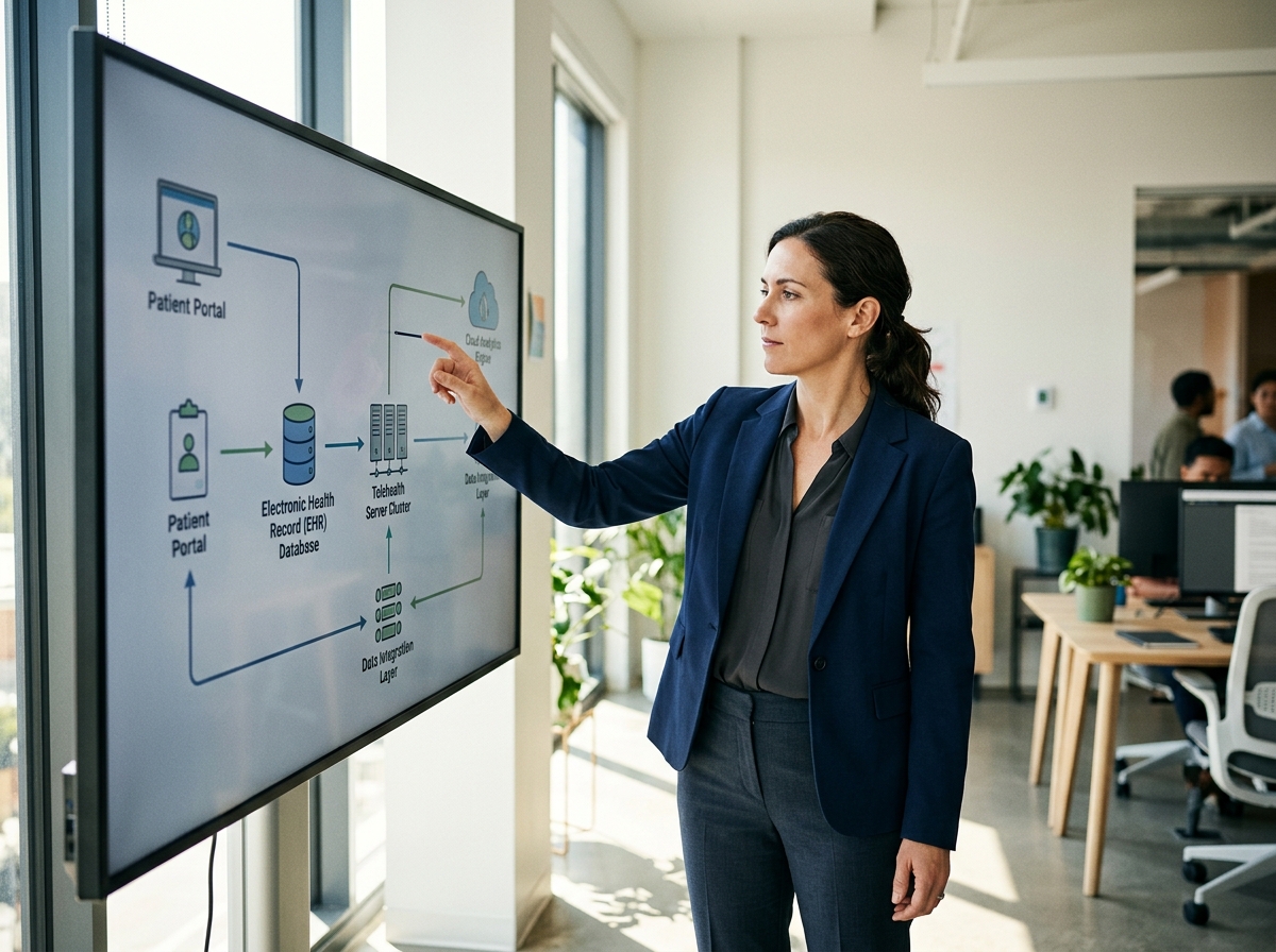 A healthcare technology professional reviewing an integrated system architecture diagram, representing unified single-vendor compliance management.