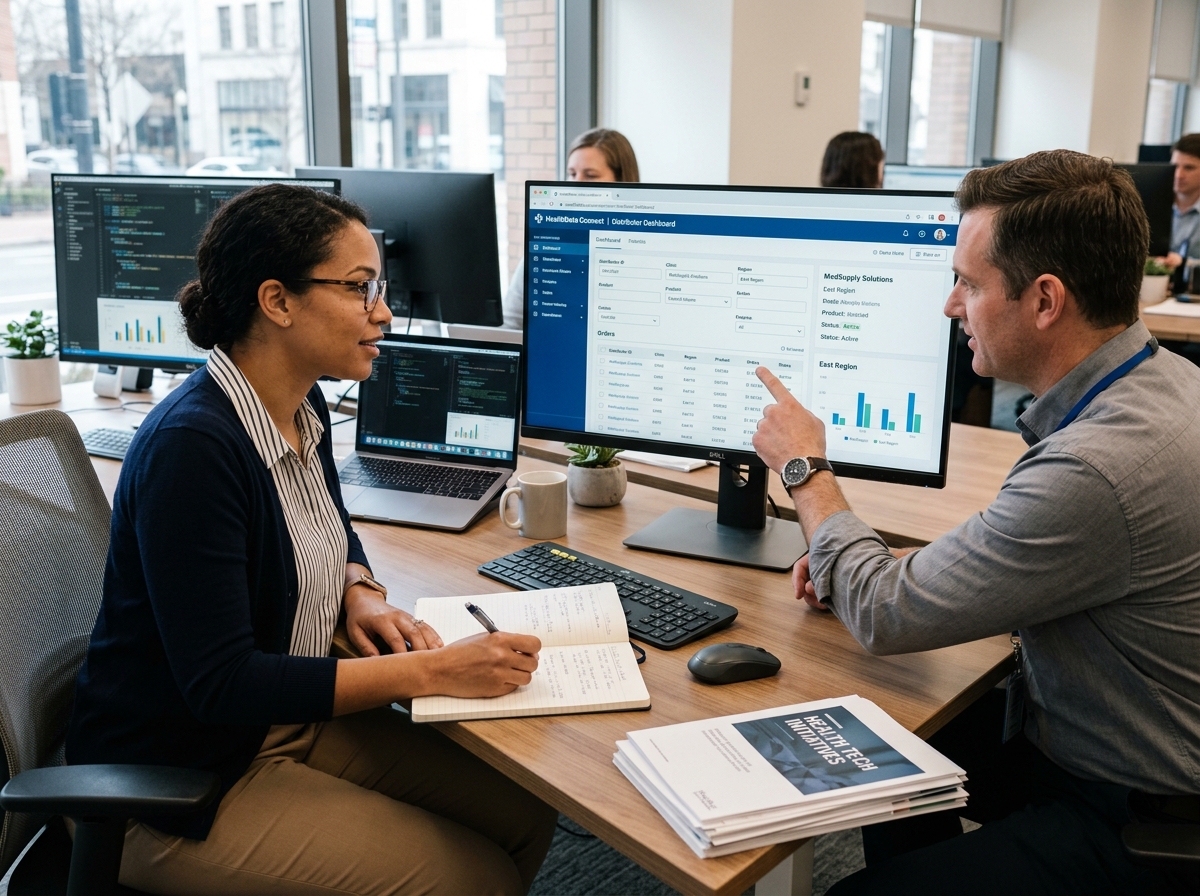 Two healthcare technology professionals collaborating over a purpose-configured portal interface, representing tailored hosting solutions for specific healthcare use cases.