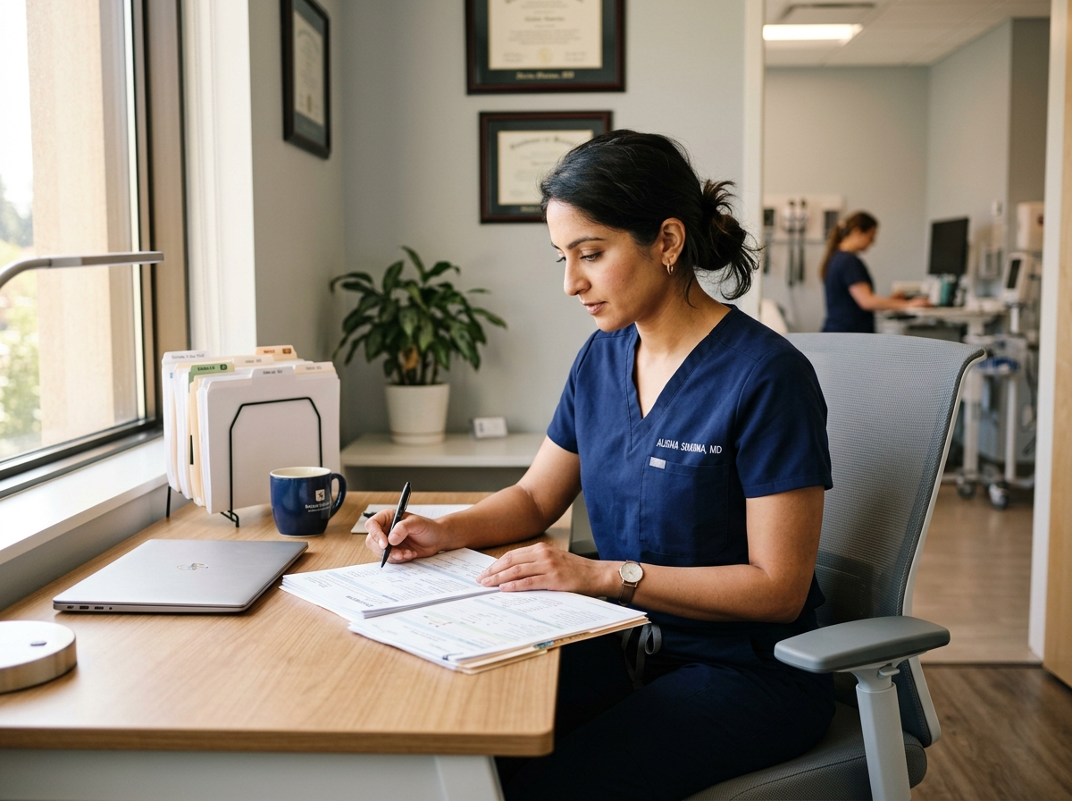 A confident female clinician in scrubs reviews paperwork at a bright clinical desk.