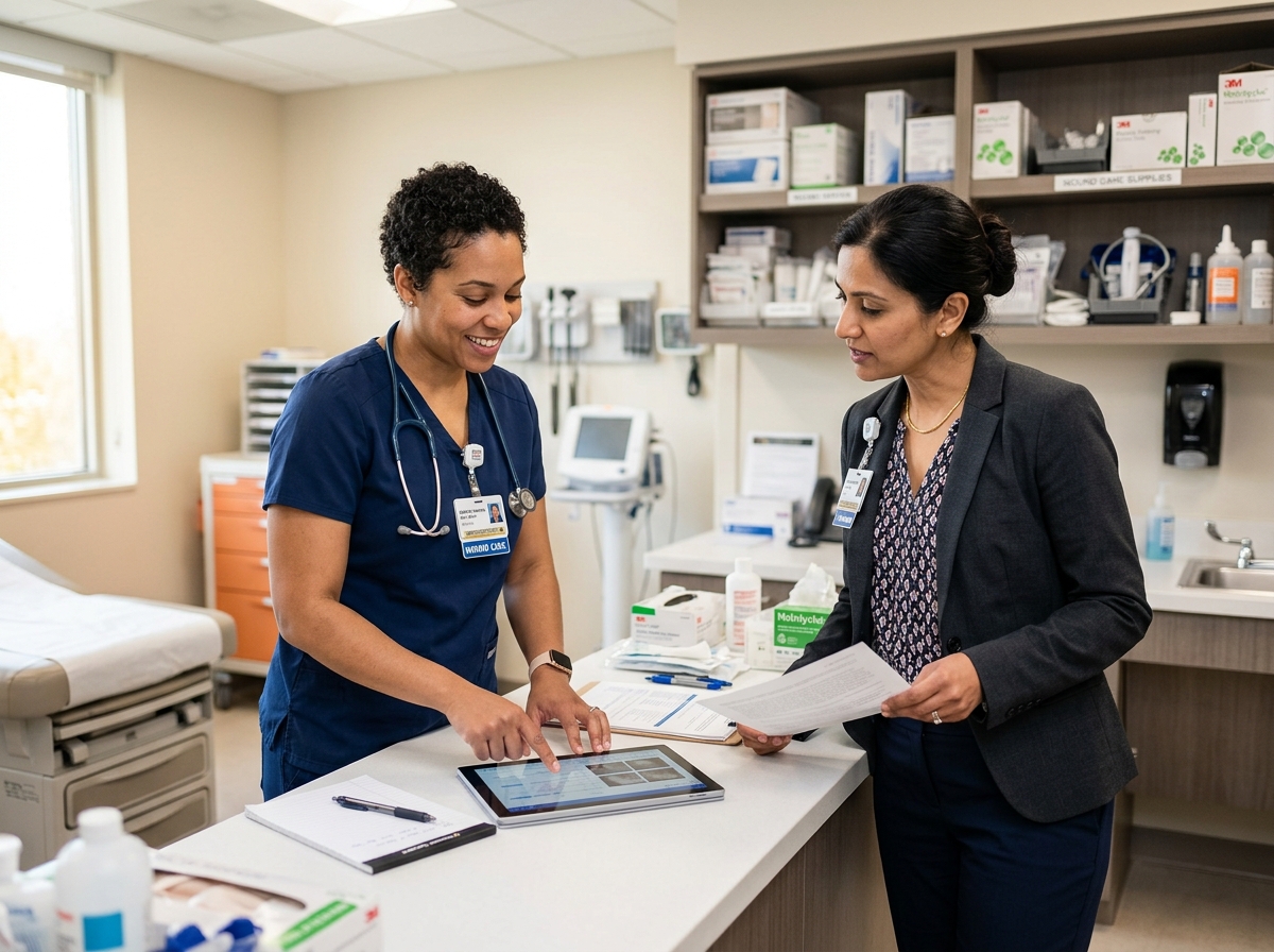 Two female wound care clinicians consult together in a professional clinical setting.