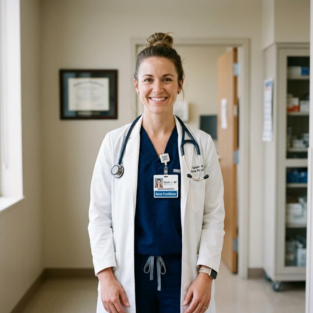Portrait of a female nurse practitioner smiling warmly in a clinical setting.