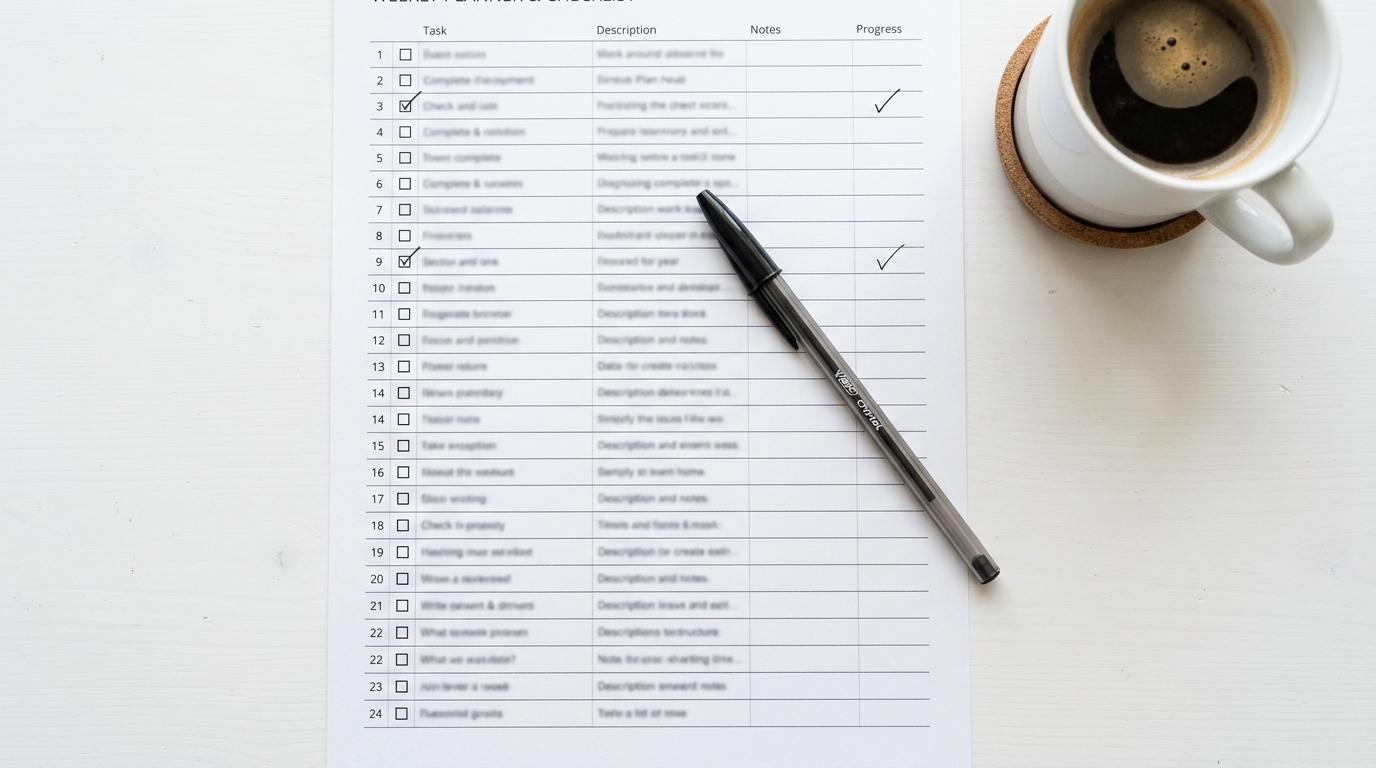Overhead flat-lay of a printed checklist with a pen on a clean white desk.