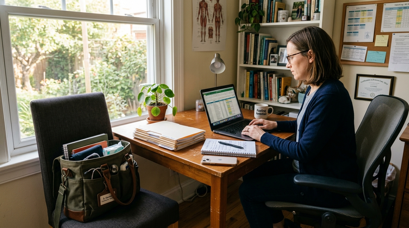 A compact independent clinician's workspace with a laptop, medical bag, and organized notes.