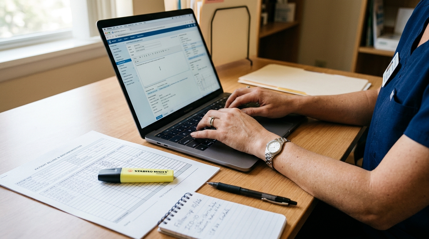 Clinician's hands typing on a laptop beside a printed billing document.