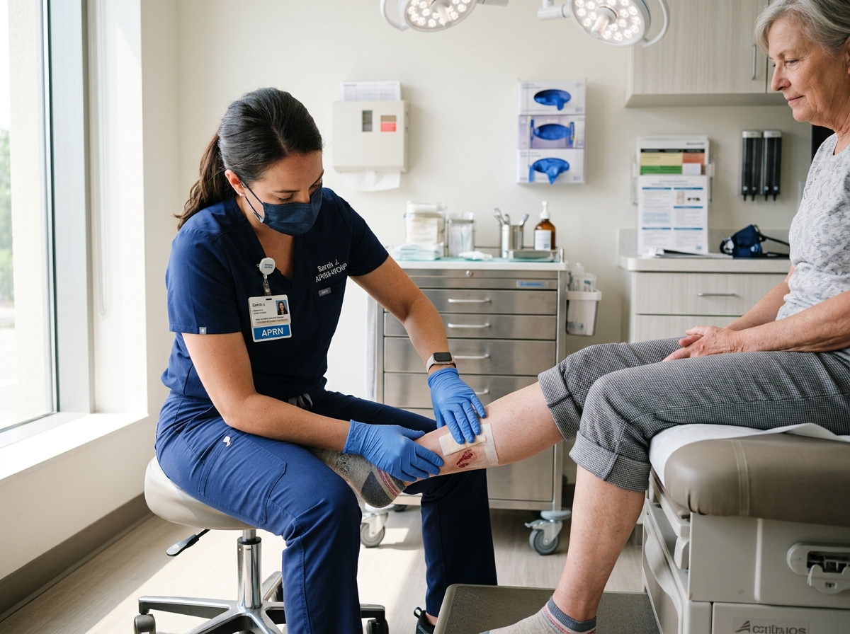 A wound care clinician in scrubs and gloves carefully examines a patient's lower leg wound in a clean outpatient exam room.