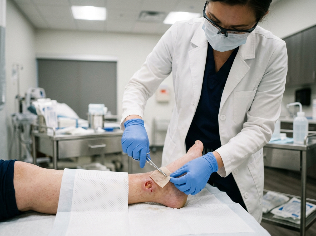 A wound care clinician in gloves carefully prepares to apply a biological wound therapy product to a patient's leg wound at a clinical treatment table.