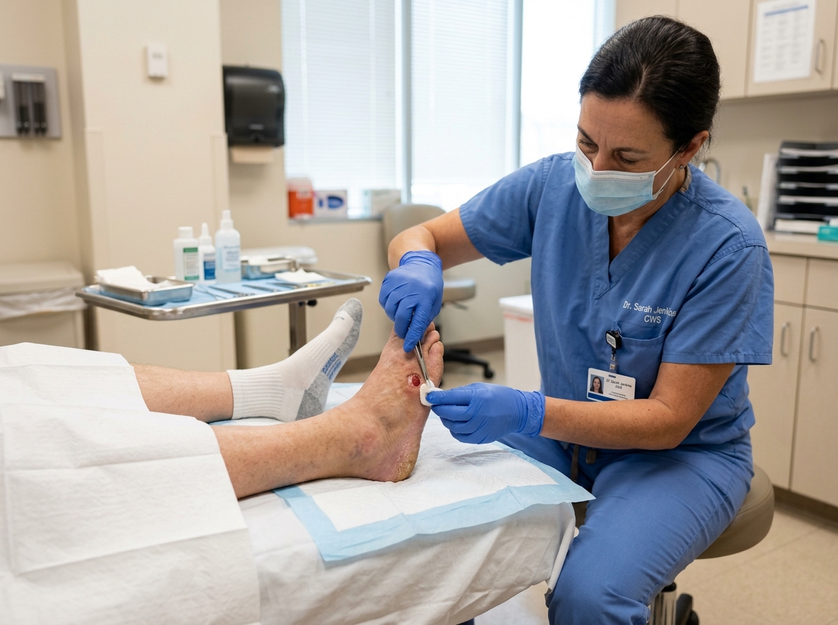 A wound care specialist in surgical gloves works carefully on a patient's foot wound at a clinical treatment table in an outpatient wound care suite.