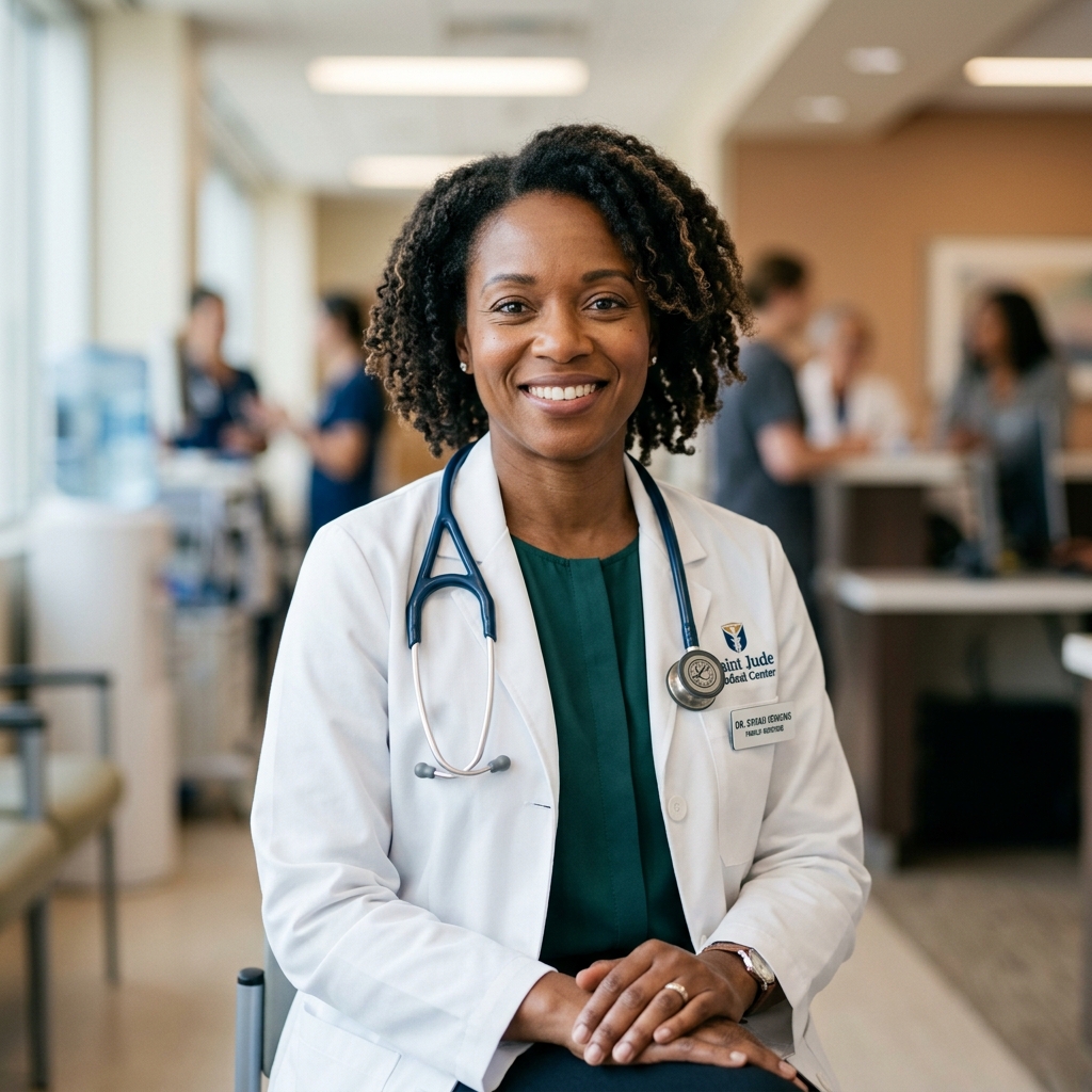 A confident female wound care nurse practitioner in a white clinical coat smiles warmly in a professional portrait.