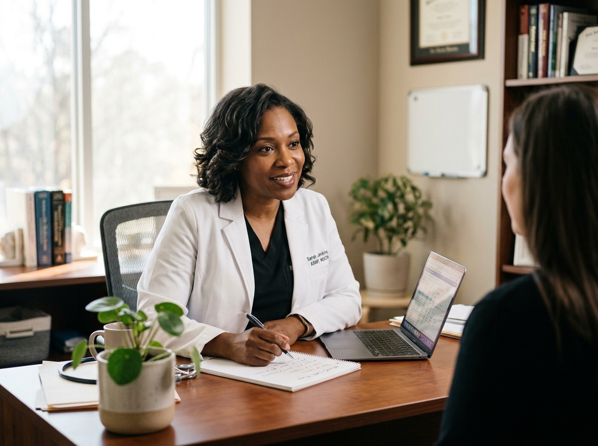A wound care nurse practitioner in a white coat leans forward attentively during a consultation conversation in a warm, well-lit clinical office.