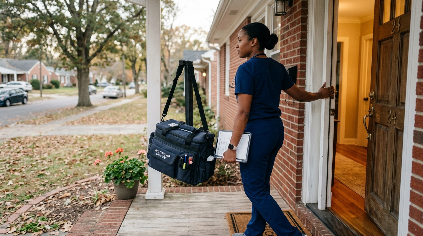 A mobile wound care nurse practitioner with a medical bag stands at a residential patient's door.