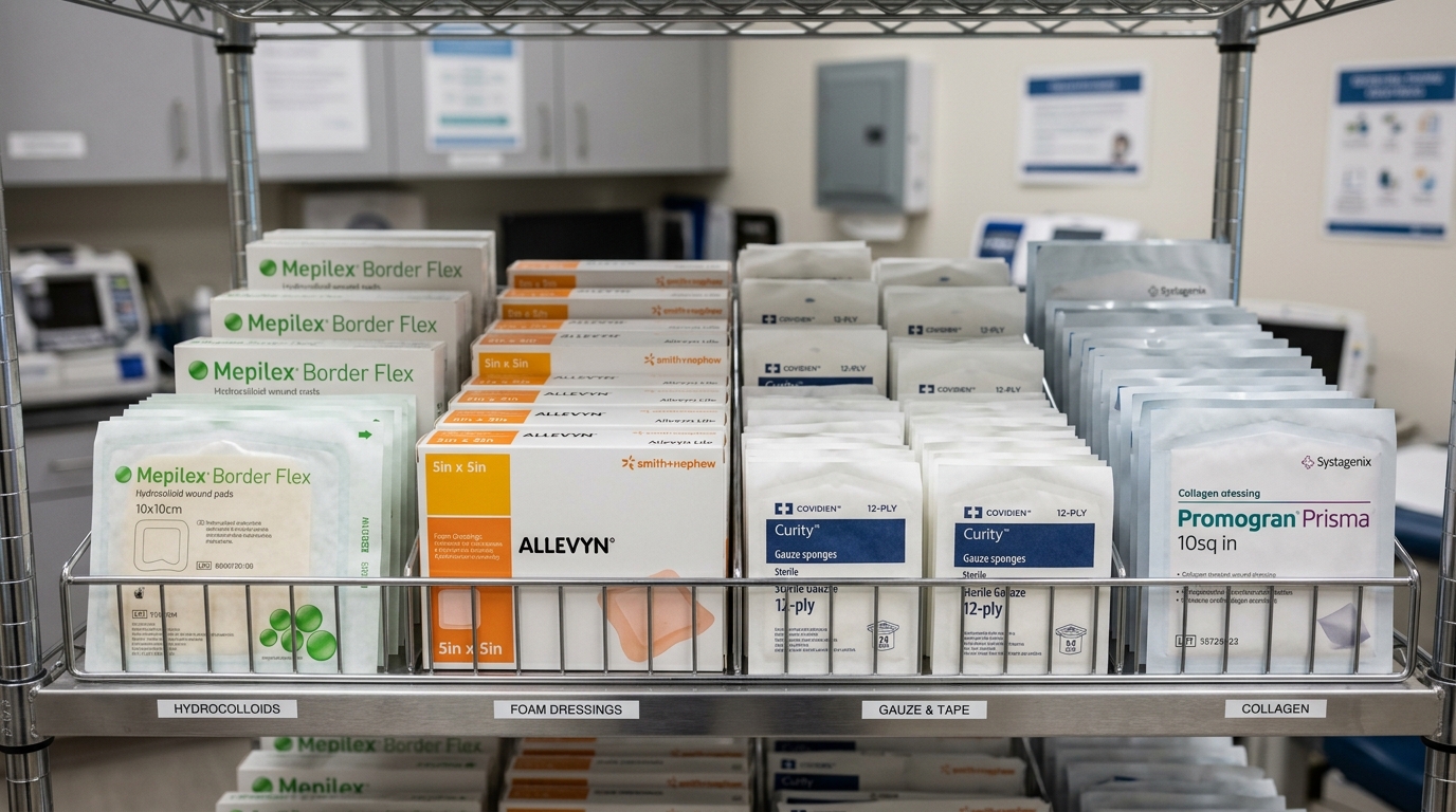 Organized specialty wound care dressings and products on a clinical supply shelf.