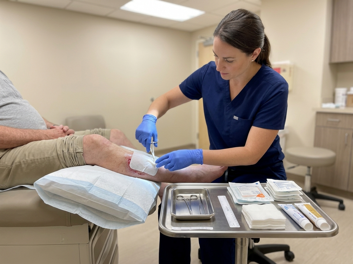 A wound care clinician applies an advanced wound therapy product to a patient's lower leg in a clinical setting.