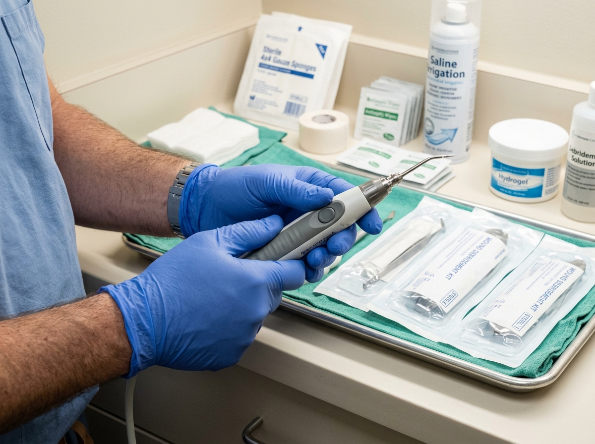 Gloved clinician hands hold a specialty wound debridement device at a clinical workstation.