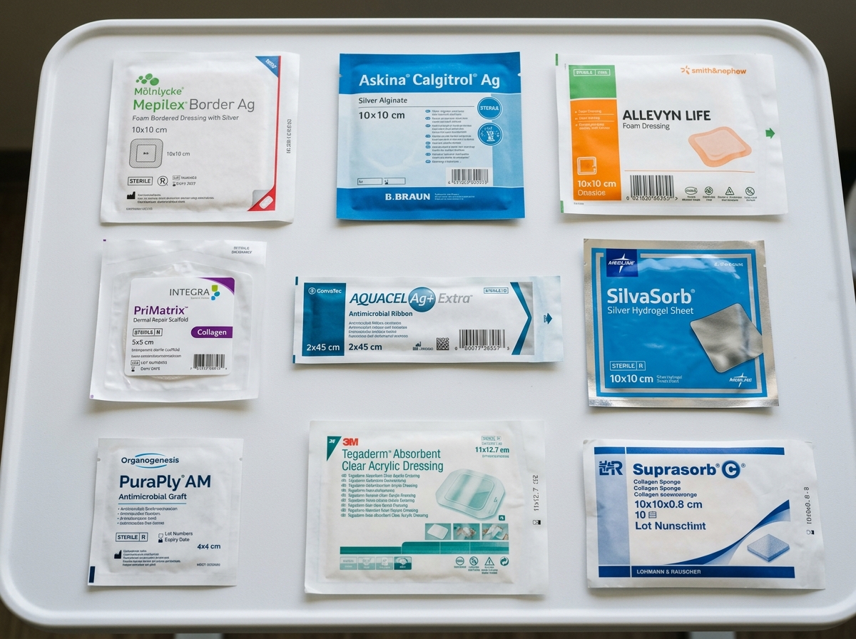Specialty wound dressings including foam, antimicrobial, and collagen products arranged on a clean clinical surface.