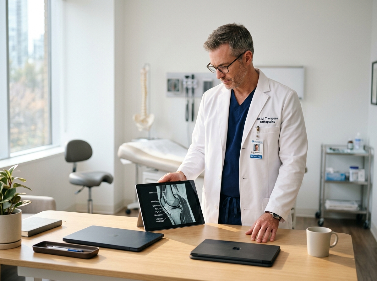 Orthopedic physician reviewing MRI imaging in a modern clinical consultation room.