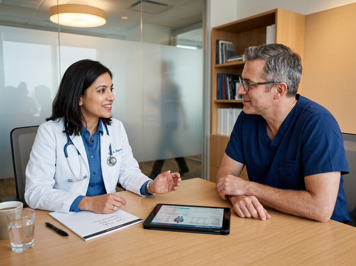 Clinical specialist and physician in consultative conversation at a medical office table.