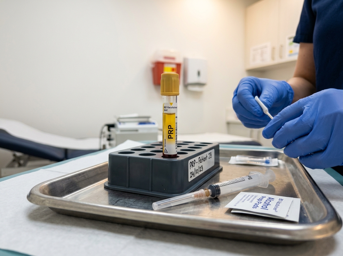 Clinician preparing platelet-rich plasma concentrate in a sterile procedure room.