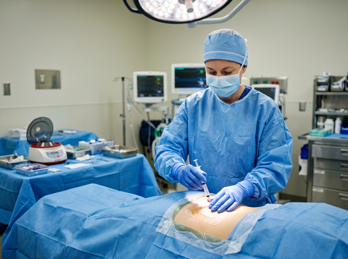 Surgeon performing bone marrow aspirate concentrate harvesting procedure in a sterile surgical environment.