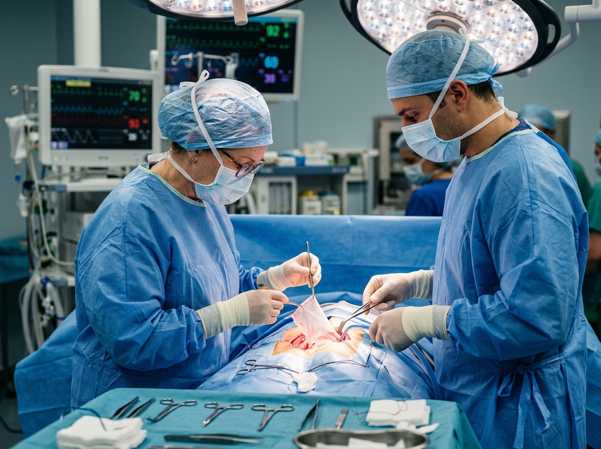 Surgical team applying amniotic membrane tissue in a sterile operating room setting.