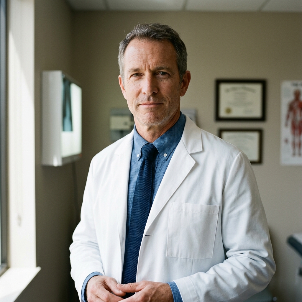 Orthopedic surgeon in white coat, confident portrait in a private practice setting.