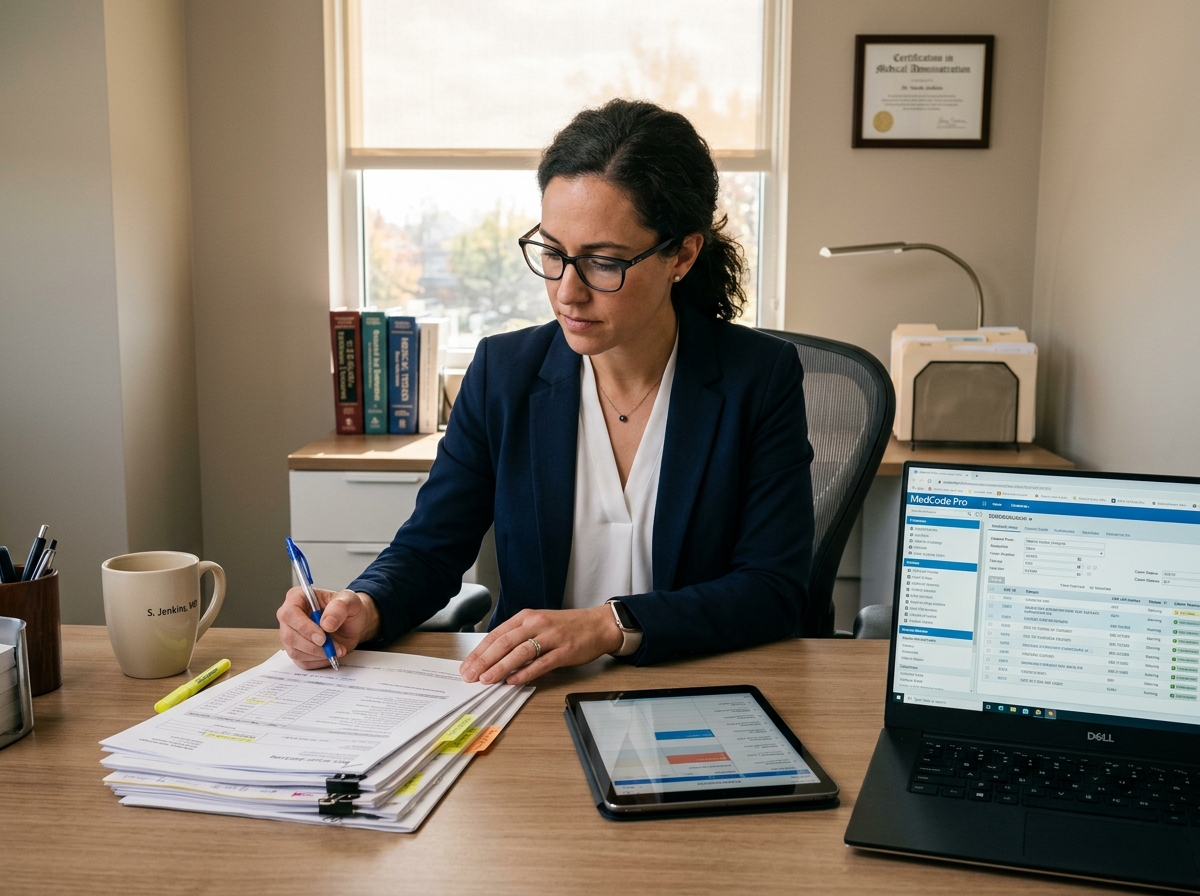 Physician reviewing orthobiologic billing and coding documentation at a medical office desk.