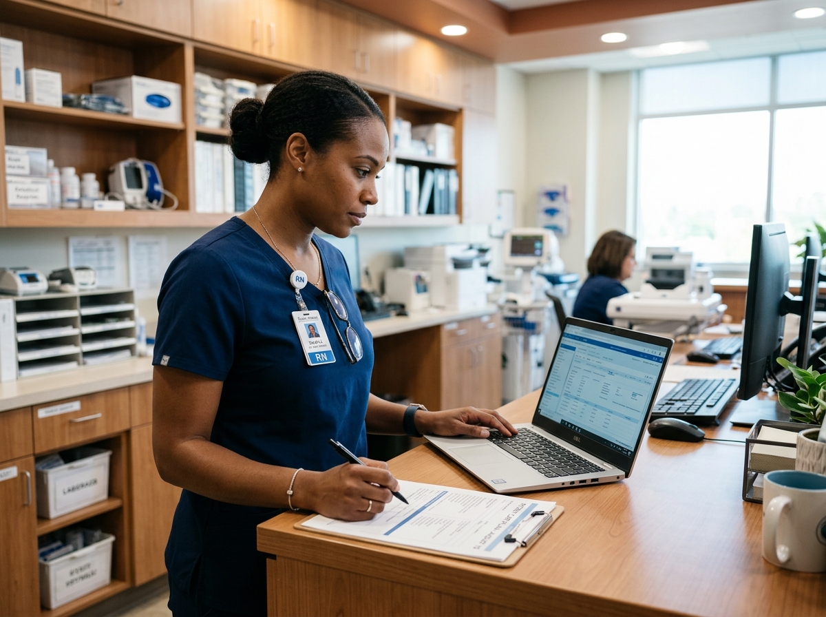 Clinical professional reviewing regenerative medicine product documentation at a specialty practice workstation.