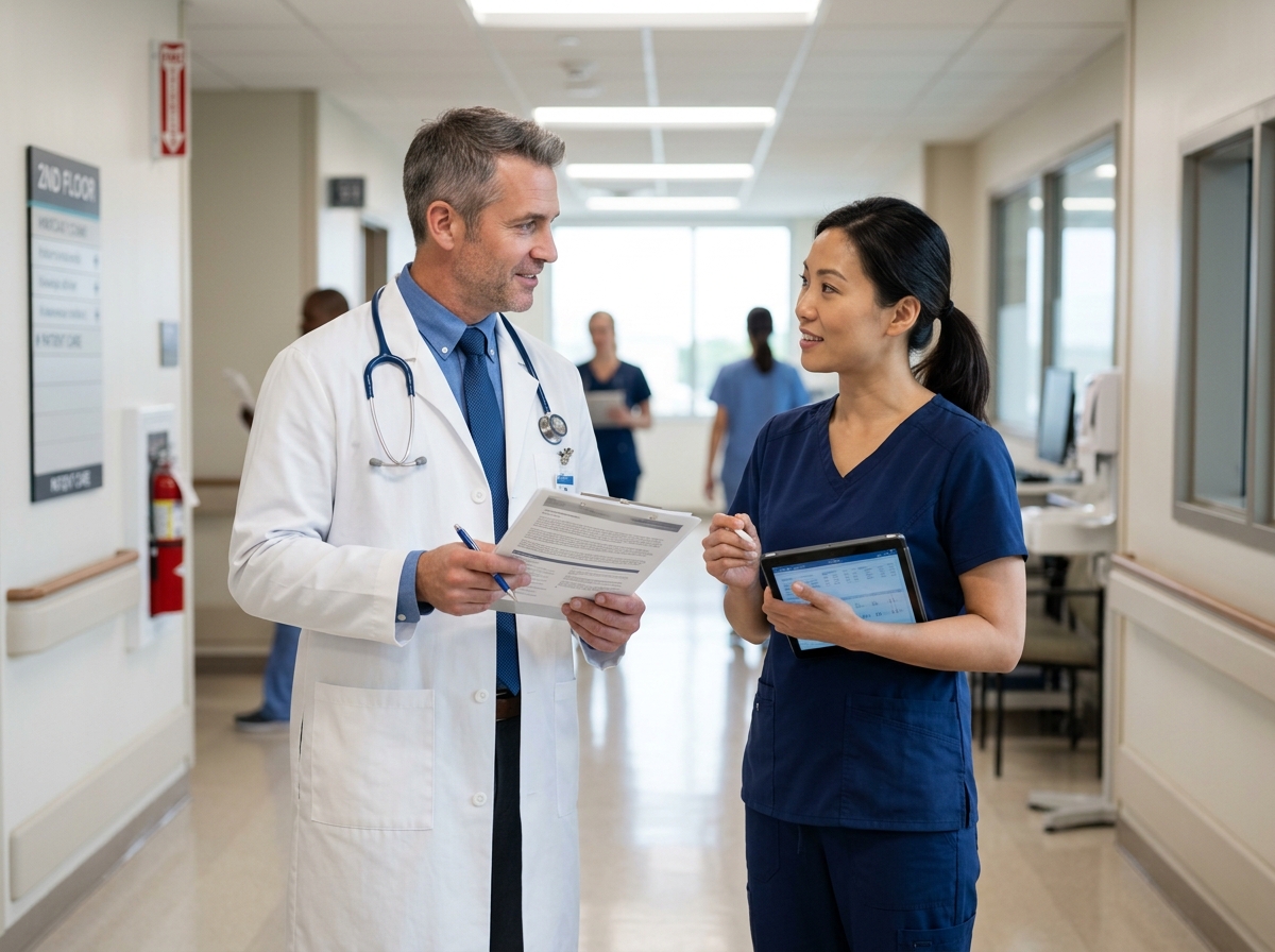 Physician and clinical specialist in peer-level conversation about regenerative medicine product selection in a clinical hallway.