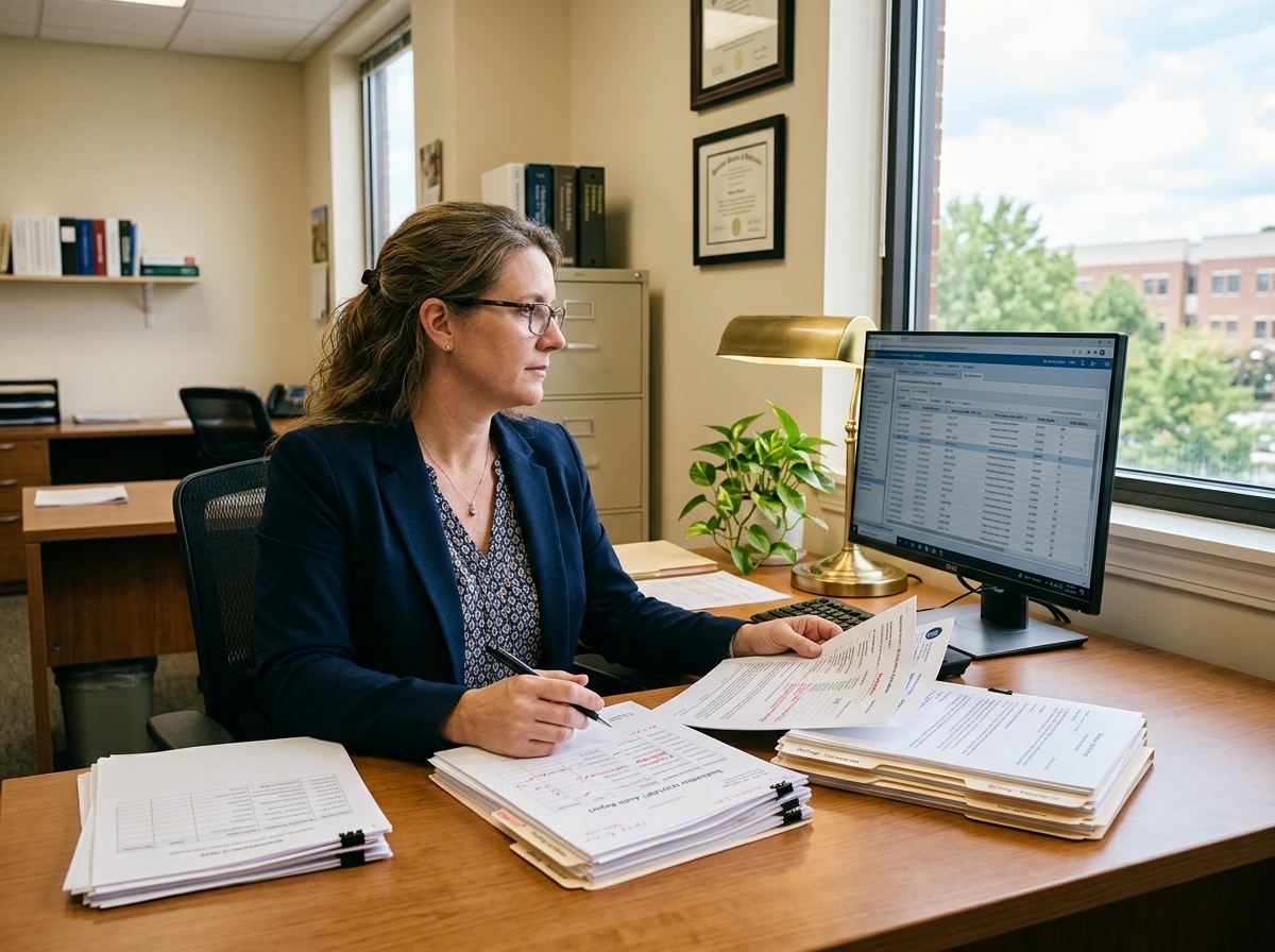Medical practice administrator reviewing regenerative medicine billing and coding documentation at an administrative desk.