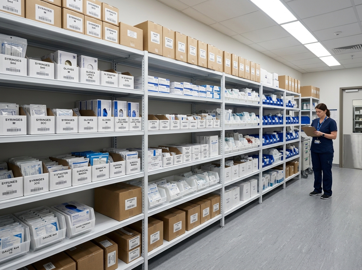 Organized medical supply room stocked with a broad range of regenerative medicine biologics and orthobiologics product categories.