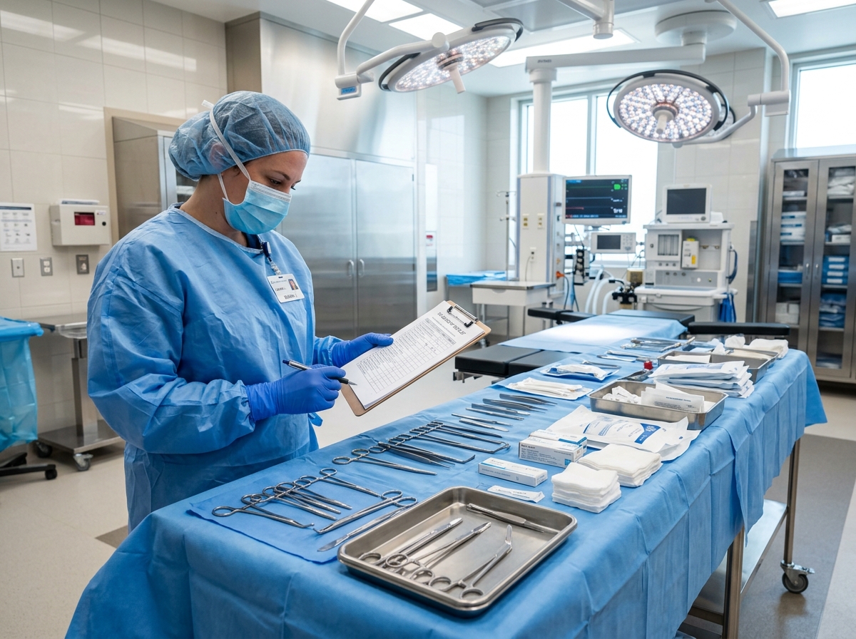 Surgical technician verifying regenerative medicine product supply readiness in an ambulatory surgical center operating room.